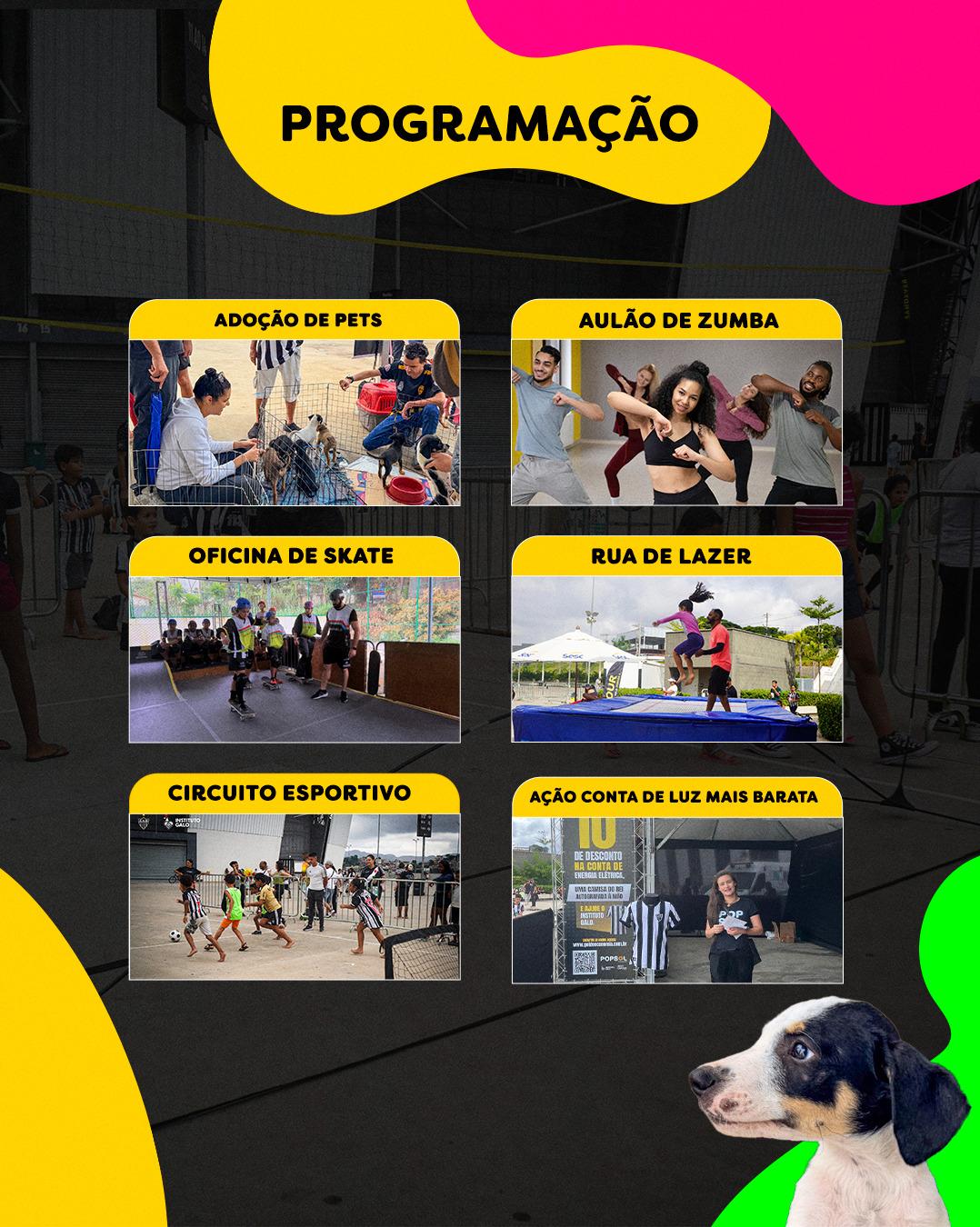 Photo by Instituto Galo on April 20, 2026. May be an image of poster and text that says 'PROGRAMAÇÃO ADOÇÃO ADOÇÃODEPETS DE PETS AULÃO DE ZUMBA OFICINA OFICINADESKATE DE SKATE RUADELAZER RUA DE LAZER 国 CIRCUITO ESPORTIVO AÇÃO CONTA AÇÃOCONTADELUZMAISBARATA DE LUZ MAIS BARATA EEJESCENTO COSTABE .手 N'.