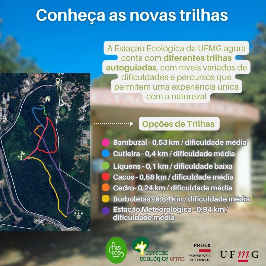 Photo by Estação Ecológica UFMG on April 28, 2026. May be an image of map, outdoors and text that says 'Conheça as novas trilhas A Estação Ecológica da UFMG agora conta com diferentes trilhas autoguiadas, com níveis variados de dificuldades e percursos ue permitem uma experiência única com a natureza! Opções de Trilhas Bambuzal- 0,53 km/ dificuldade média Cutieira- 0,4 km/ dificuldade média Líquens 0,1 km/ dificuldade baixa Cacos- 0,58 km dificuldade média Cedro- 0,24km/ km/ dificuldade média Borboletas-0,84 Borboletas-0,84km/dficuldade km/ dificuldade média Estação staãoMeteorológica-0,94km km/ Meteorológica- dificuldade média TRo ECO PROEX estacão PST acao ecOLÓgica LIFIG DEEXTENSÃO PRÓ-REITORIA UFMG'.