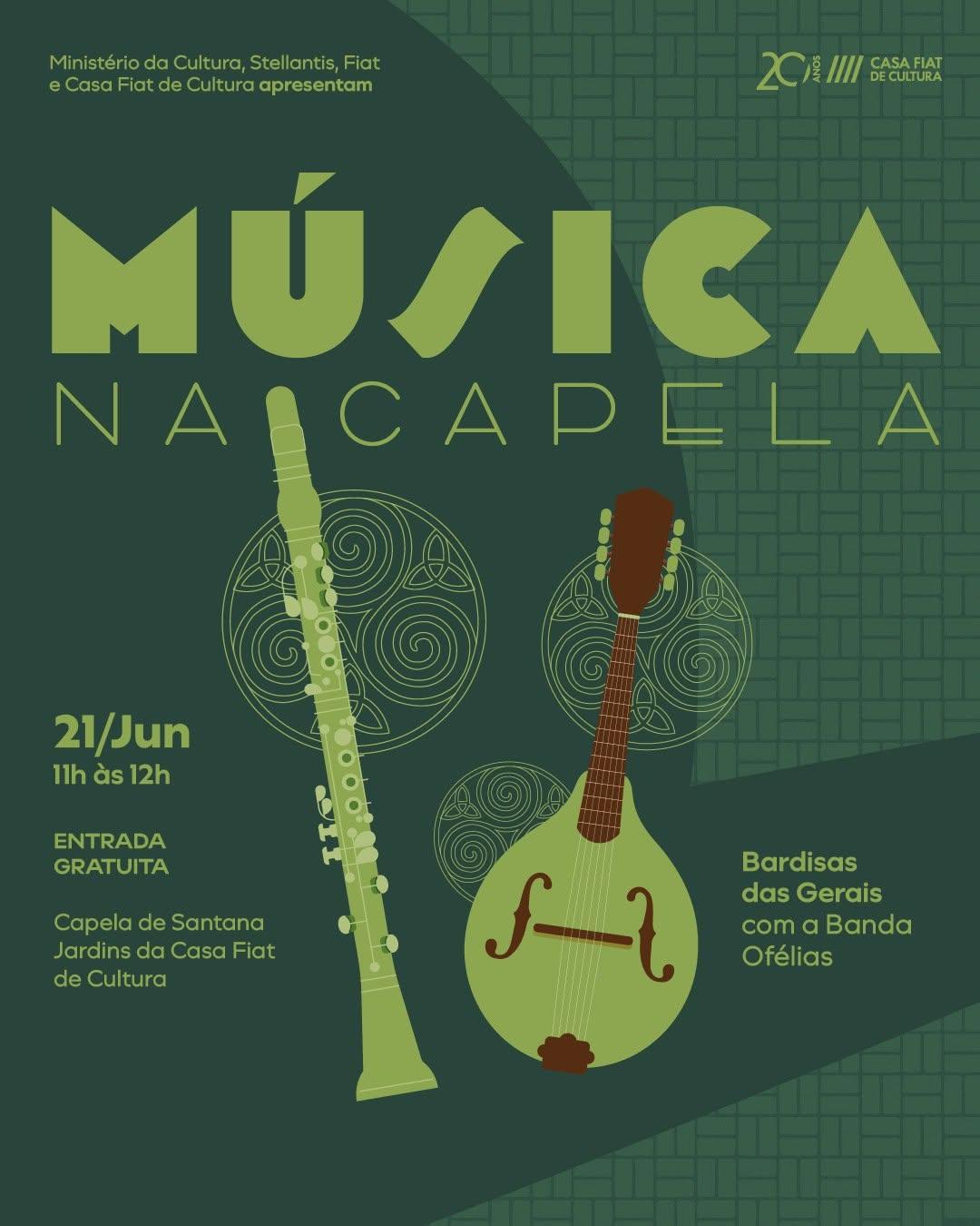 Cartaz verde do evento “Música na Capela”, com ilustrações de instrumentos e informações de data (21/jun), horário, local e entrada gratuita.