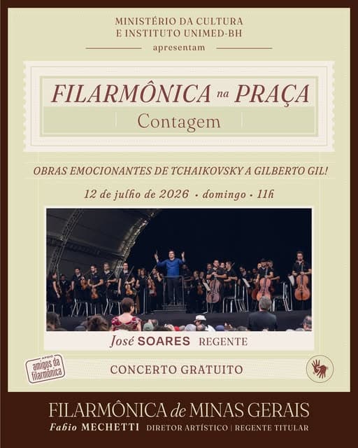Card de divulgação do concerto Filarmônica na Praça, em Contagem. Fundo em tons de bege e marrom, com foto da Orquestra em apresentação ao ar livre, sob regência de José Soares. O concerto é gratuito e acontece em 12 de julho de 2026, às 11h.