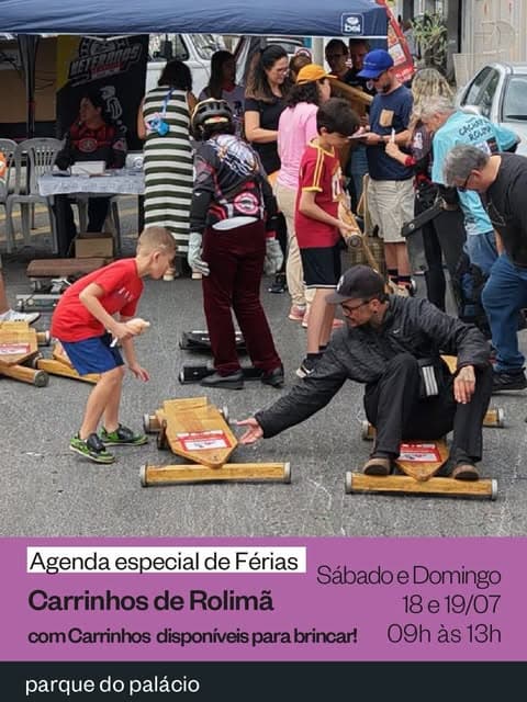 Photo by Parque do Palácio on July 03, 2026. Puede ser una imagen de patineta, mazo, periódico y texto que dice "orl cAcuA Boлий ROLI9 ドッm Agenda especial de Férias Carrinhos de Rolima Caminhos disponíveisparabrincar! disponíveis Sábado e SábadoeDomir Domingo 18 e 19/07 09h às 13h parque do palácio".