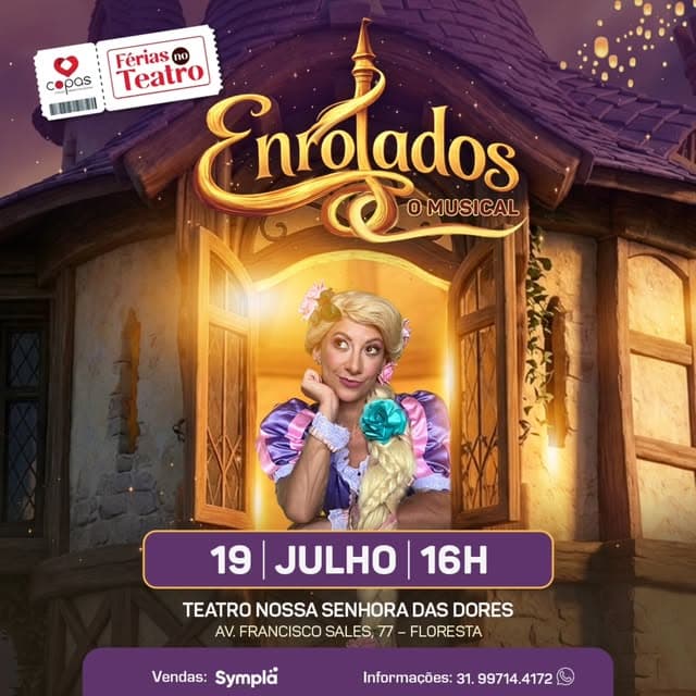 Photo by Copas Produções Artísticas on July 15, 2026. May be an image of text that says 'Férias no copas: :Teatro Teatro Enrolados WIWWI 0 MUSICAL 19 JULHO 16H TEATRO NOSSA SENHORA DAS DORES AV. FRANCISCO SALES, 77 -FLORESTA Vendas: Symplä Informações: 31. 99714.4172'.