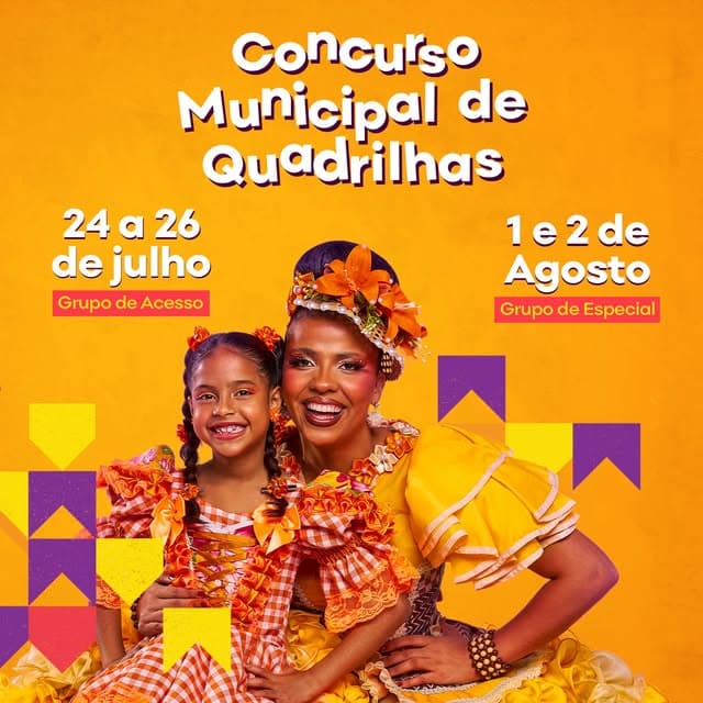 Photo by Prefeitura de Belo Horizonte on July 10, 2026. May be an image of ‎one or more people, poster and ‎text that says '‎Conculso Municipal de Quadrilhas 24a26 dejulho de julho 1e2de 2 Agosto Grupo de Acesso Grupo de Especial モか MASSNUN ی_‎'‎‎.